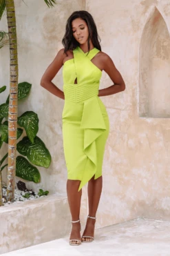 GWENDOLYN Cross Neck Pleat Waist Midi Dress In Chartreuse -Wedding Guest Dresses Sales 15