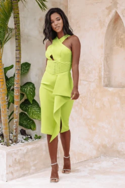 GWENDOLYN Cross Neck Pleat Waist Midi Dress In Chartreuse -Wedding Guest Dresses Sales 15B