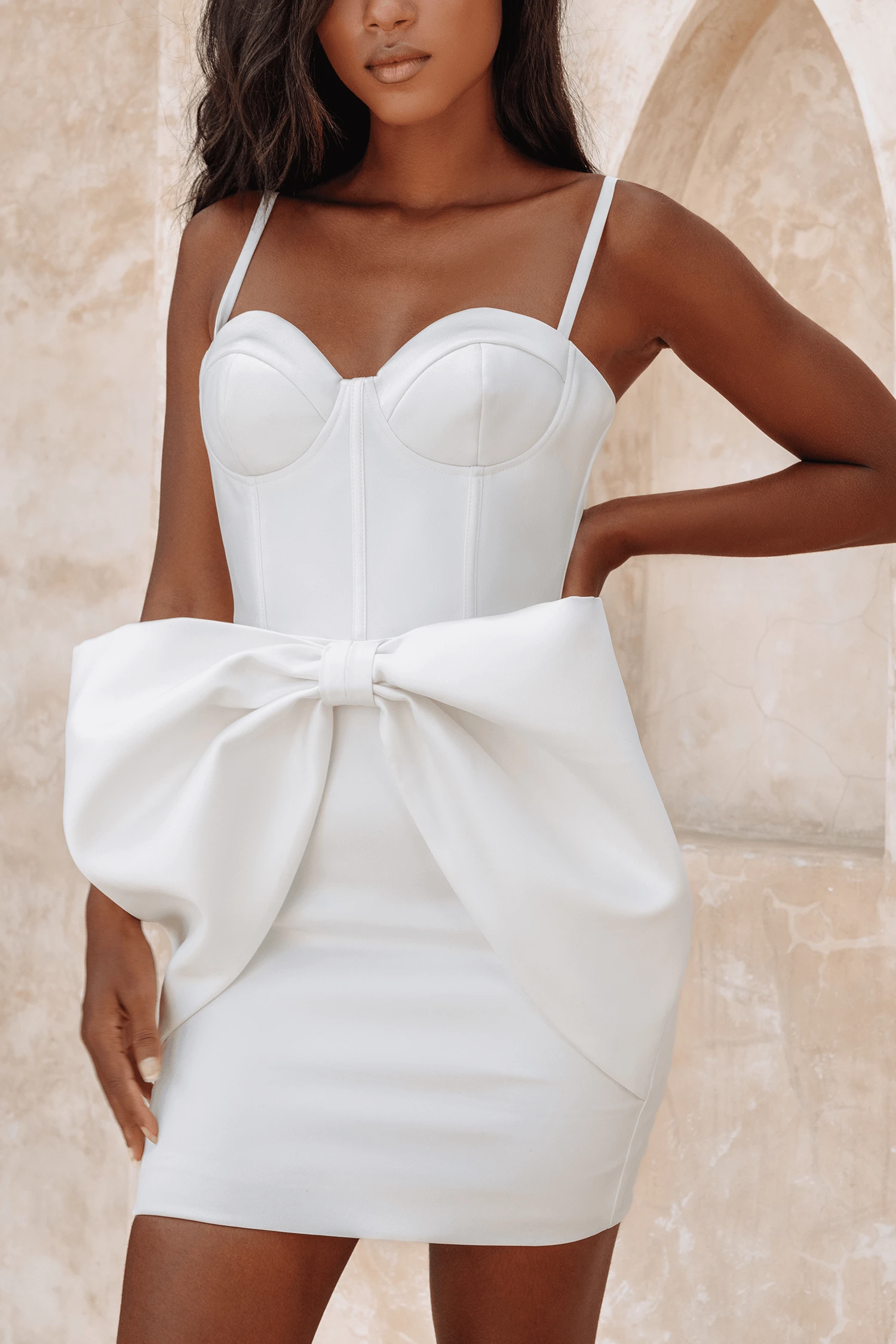 MICHELLE Extreme Bow Corset Detail Mini Dress In White Satin 4 MICHELLE Extreme Bow Corset Detail Mini Dress In White Satin - Image 2