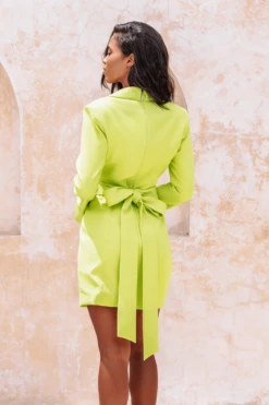 RORY Interlocking Panel Bow Back Blazer Dress In Chartreuse -Wedding Guest Dresses Sales 18D