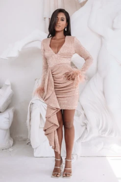 APHRODITE Draped Skirt Pleated Sequin Mini Dress In Rose Gold -Wedding Guest Dresses Sales 1 714277d3 3455 4726 8548 c2bd5a9979bb