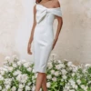 AMORA Ponte Bardot Bow Detail Midi Dress In White -Wedding Guest Dresses Sales 31