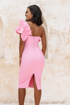 ALICIA Statement Ruffle Midi Dress In Bubblegum Pink -Wedding Guest Dresses Sales 34d