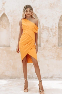 CELINE One Shoulder Pleat Detail Midi Dress In Orange