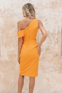 CELINE One Shoulder Pleat Detail Midi Dress In Orange -Wedding Guest Dresses Sales 56d
