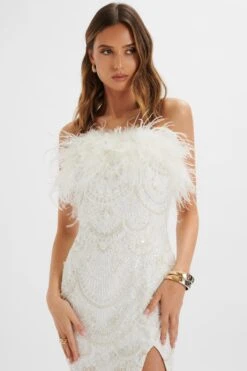ORELIA Embellished Mini Dress With Feather Trim In White -Wedding Guest Dresses Sales BR 27101 WHT 10889