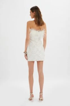 ORELIA Embellished Mini Dress With Feather Trim In White -Wedding Guest Dresses Sales BR 27101 WHT 10902