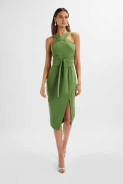 BRIELLE Obi Belt Halterneck Midi Dress In Green 8 BRIELLE Obi Belt Halterneck Midi Dress In Green -Wedding Guest Dresses Sales LA 152DS21C GRN 4965