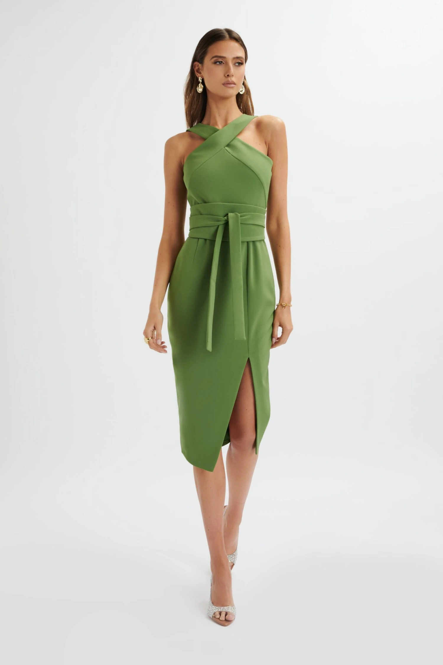 BRIELLE Obi Belt Halterneck Midi Dress In Green 5 BRIELLE Obi Belt Halterneck Midi Dress In Green - Image 3