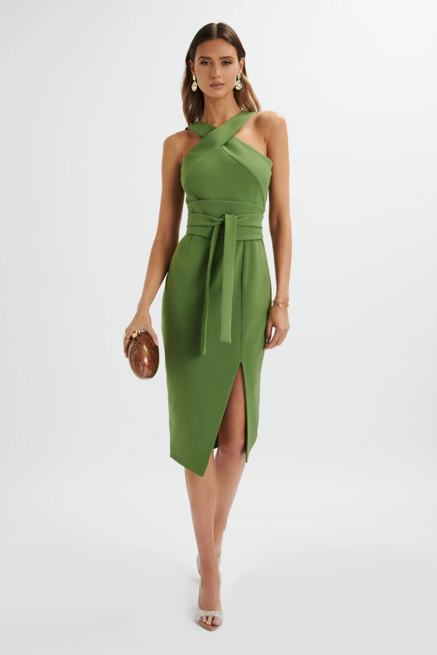 BRIELLE Obi Belt Halterneck Midi Dress In Green 3 BRIELLE Obi Belt Halterneck Midi Dress In Green