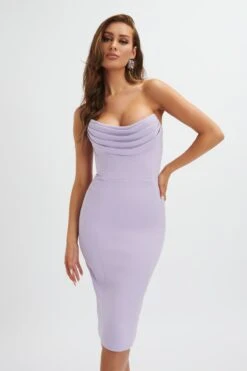 ELLA Pleated Cowl Bandeau Midi Dress In Lilac