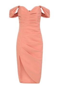 HAILEY Pleated Bardot Midi Dress In Coral -Wedding Guest Dresses Sales LA 183DS04A ORN 1