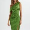 AUTUMN Pleated One Shoulder Bonded Satin Midi Dress In Green -Wedding Guest Dresses Sales LA 183DS20B GRN 4630
