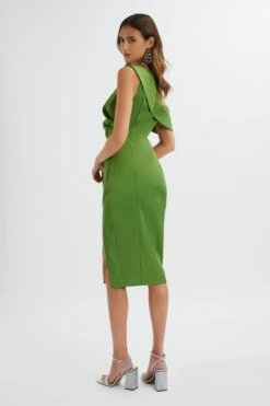 AUTUMN Pleated One Shoulder Bonded Satin Midi Dress In Green 9 AUTUMN Pleated One Shoulder Bonded Satin Midi Dress In Green -Wedding Guest Dresses Sales LA 183DS20B GRN 4673