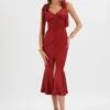 KAMILA Tie Strap Micro Button Satin Midi Dress In Burgundy -Wedding Guest Dresses Sales LA 213DS24G BRG 5334