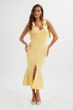KAMILA Tie Strap Micro Button Longline Midi Dress In Pastel Yellow -Wedding Guest Dresses Sales LA 213DS24J YEL 1881