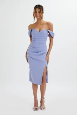 JULIA Pleated Bardot Midi Dress In Cornflower Blue 8 JULIA Pleated Bardot Midi Dress In Cornflower Blue -Wedding Guest Dresses Sales LA 213DS56A BLU 6698