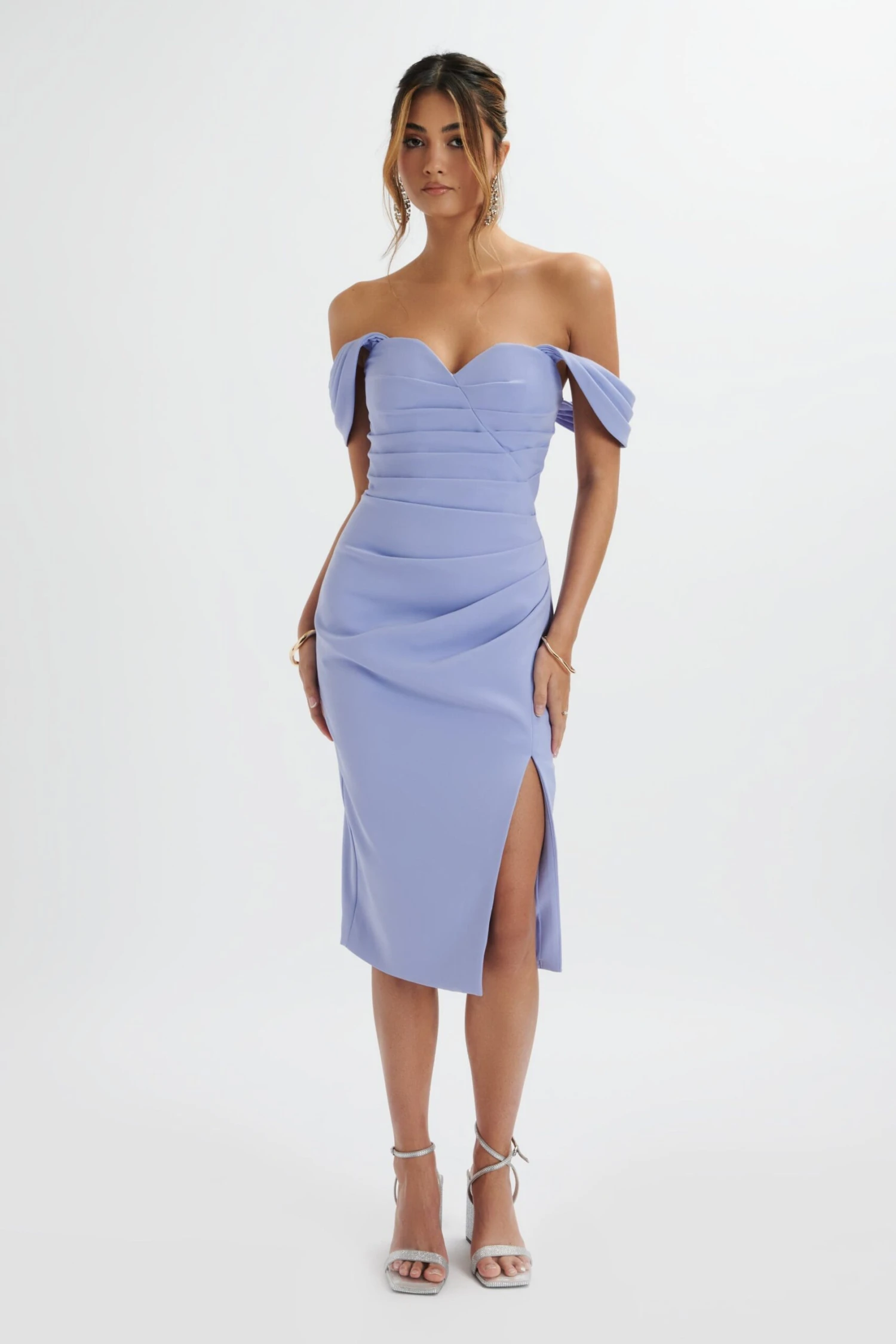 JULIA Pleated Bardot Midi Dress In Cornflower Blue 5 JULIA Pleated Bardot Midi Dress In Cornflower Blue - Image 3