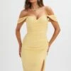 JULIA Pleated Bardot Midi Dress In Yellow 1 JULIA Pleated Bardot Midi Dress In Yellow -Wedding Guest Dresses Sales LA 213DS56A YEL 1994