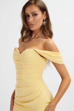 JULIA Pleated Bardot Midi Dress In Yellow 8 JULIA Pleated Bardot Midi Dress In Yellow -Wedding Guest Dresses Sales LA 213DS56A YEL 2013