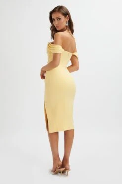 JULIA Pleated Bardot Midi Dress In Yellow 9 JULIA Pleated Bardot Midi Dress In Yellow -Wedding Guest Dresses Sales LA 213DS56A YEL 2015