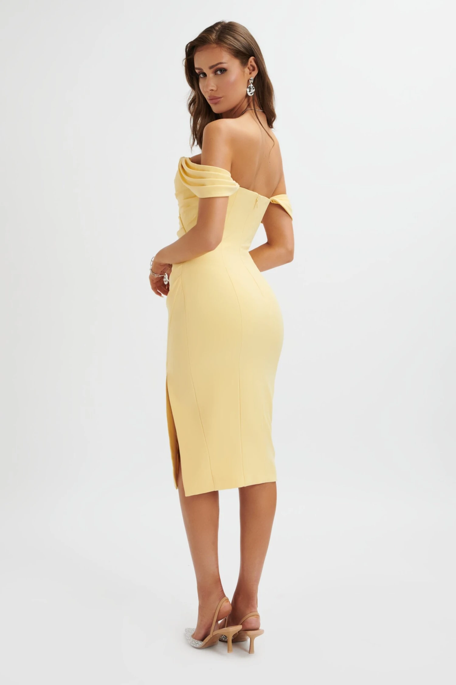 JULIA Pleated Bardot Midi Dress In Yellow 6 JULIA Pleated Bardot Midi Dress In Yellow - Image 4