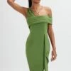 HANNAH Pleated Asymmetric Off Shoulder Midi Dress In Green -Wedding Guest Dresses Sales LA 213DS57A GRN 1797