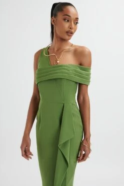 HANNAH Pleated Asymmetric Off Shoulder Midi Dress In Green -Wedding Guest Dresses Sales LA 213DS57A GRN 1809