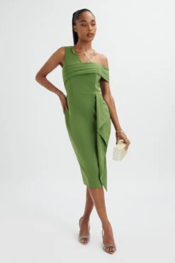 HANNAH Pleated Asymmetric Off Shoulder Midi Dress In Green -Wedding Guest Dresses Sales LA 213DS57A GRN 1819