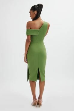 HANNAH Pleated Asymmetric Off Shoulder Midi Dress In Green -Wedding Guest Dresses Sales LA 213DS57A GRN 1838