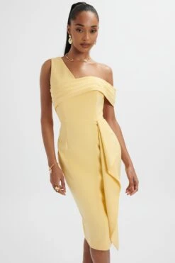 HANNAH Pleated Asymmetric Off Shoulder Midi Dress In Pastel Yellow -Wedding Guest Dresses Sales LA 213DS57B YEL 0748