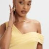 HANNAH Pleated Asymmetric Off Shoulder Midi Dress In Pastel Yellow -Wedding Guest Dresses Sales LA 213DS57B YEL 0762
