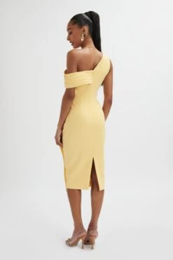 HANNAH Pleated Asymmetric Off Shoulder Midi Dress In Pastel Yellow -Wedding Guest Dresses Sales LA 213DS57B YEL 0791