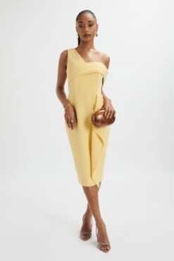 HANNAH Pleated Asymmetric Off Shoulder Midi Dress In Pastel Yellow -Wedding Guest Dresses Sales LA 213DS57B YEL 0797