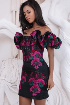 STACIA Jacquard Puff Sleeve Mini Dress In Black & Purple -Wedding Guest Dresses Sales LA 231DS03B BLK2