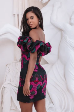 STACIA Jacquard Puff Sleeve Mini Dress In Black & Purple -Wedding Guest Dresses Sales LA 231DS03B BLK3