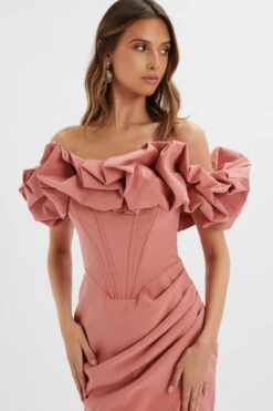 LILLY Extreme Ruffle Bardot Midi Dress In Rose Pink -Wedding Guest Dresses Sales LA 241DS20 PNK 6543