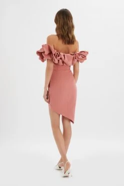 LILLY Extreme Ruffle Bardot Midi Dress In Rose Pink -Wedding Guest Dresses Sales LA 241DS20 PNK 6555
