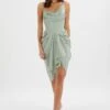 SELAH Asymmetric Cowl Neck Draped Midi Dress In Sage