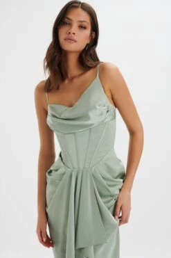 SELAH Asymmetric Cowl Neck Draped Midi Dress In Sage -Wedding Guest Dresses Sales LA 241DS23 GRN 5983