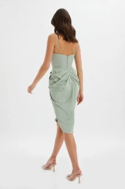 SELAH Asymmetric Cowl Neck Draped Midi Dress In Sage -Wedding Guest Dresses Sales LA 241DS23 GRN 5990