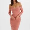 LILA Bardot Draped Bust Bodycon Midi Dress In Rose Pink -Wedding Guest Dresses Sales LA 241DS31 PNK 7207