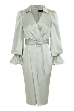 ELISE Satin Wrap Shirt Dress In Sage -Wedding Guest Dresses Sales LA 241SD13 GRN 1