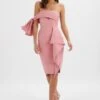 ATHENA Off Shoulder Bow Detail Midi Dress In Powder Pink -Wedding Guest Dresses Sales LA 242DS15 PNK 6068