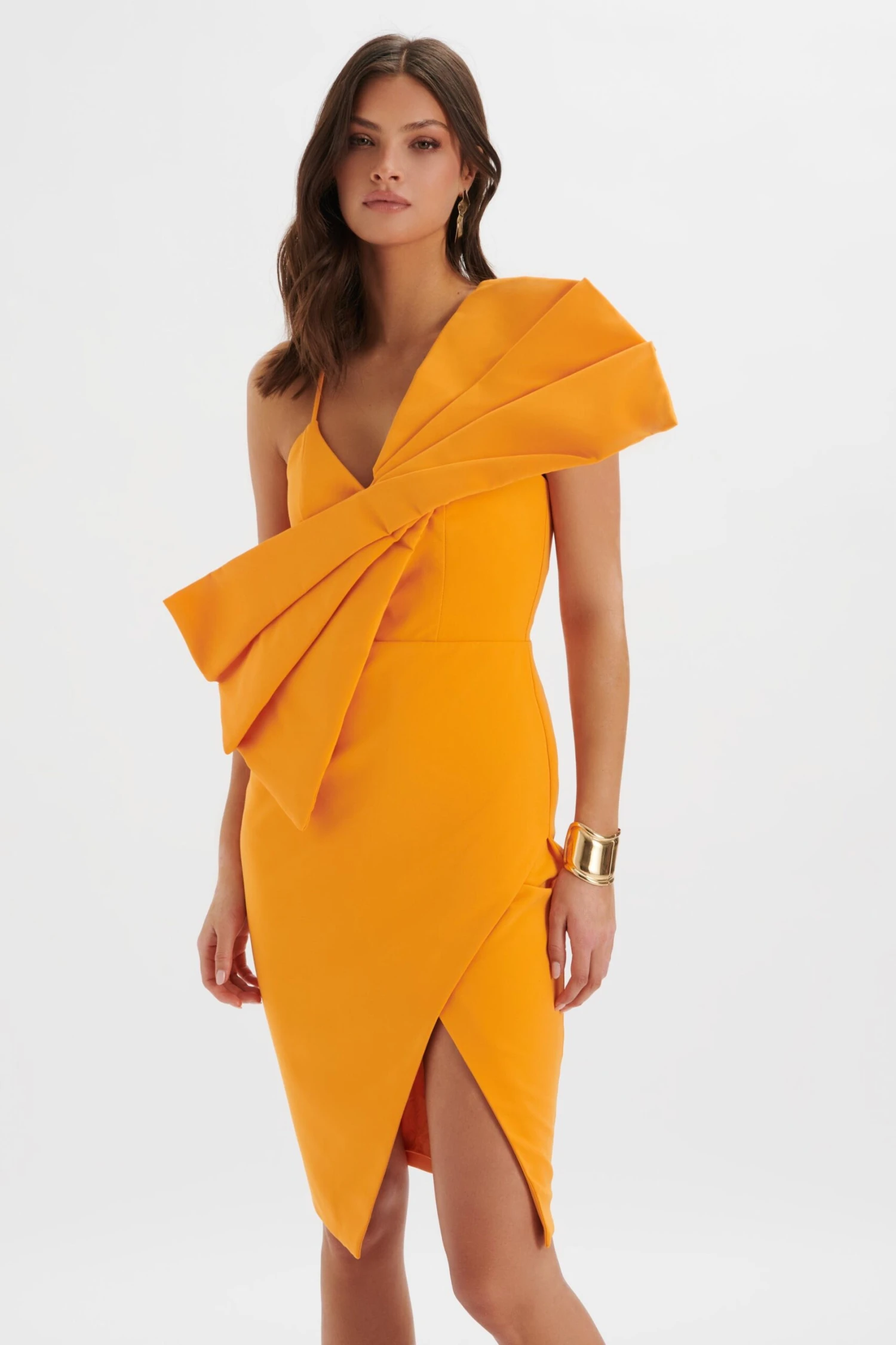 ESTHER Bow Detail Wrap Skirt Midi Dress In Orange 4 ESTHER Bow Detail Wrap Skirt Midi Dress In Orange - Image 2