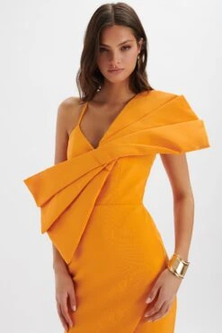 ESTHER Bow Detail Wrap Skirt Midi Dress In Orange 8 ESTHER Bow Detail Wrap Skirt Midi Dress In Orange -Wedding Guest Dresses Sales LA 242DS21 ORN 5516