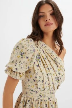 POLLY One Shoulder Puff Sleeve Midi Dress In Floral Broidery 8 POLLY One Shoulder Puff Sleeve Midi Dress In Floral Broidery -Wedding Guest Dresses Sales LA 242DS27A BEI 1273