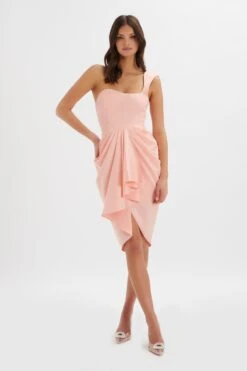 LUCIANA Curved One Shoulder Midi Dress In Coral Satin -Wedding Guest Dresses Sales LA 243DS31 ORN 5784