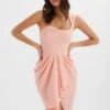LUCIANA Curved One Shoulder Midi Dress In Coral Satin -Wedding Guest Dresses Sales LA 243DS31 ORN 5818
