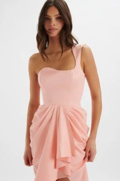 LUCIANA Curved One Shoulder Midi Dress In Coral Satin -Wedding Guest Dresses Sales LA 243DS31 ORN 5835